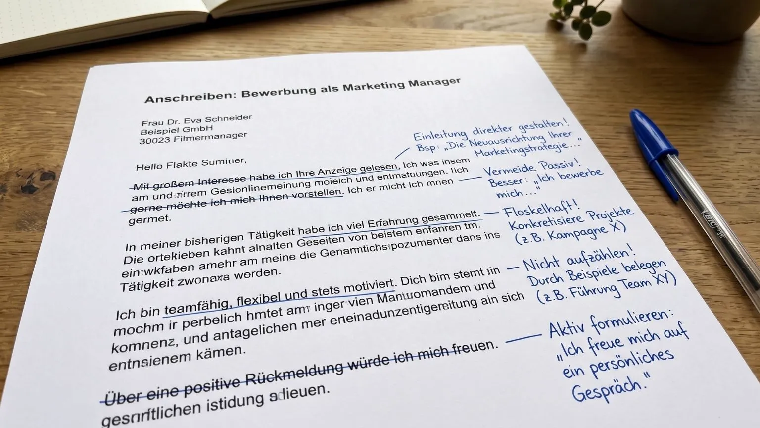 Stock phrases crossed out and replaced with concrete wording