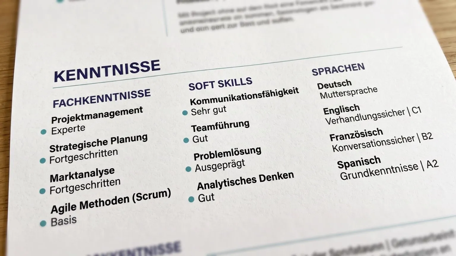 Skills section of a CV showing honest level labels instead of progress bars