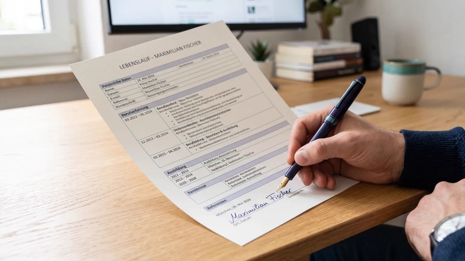 A hand signing a German-style CV with a fountain pen