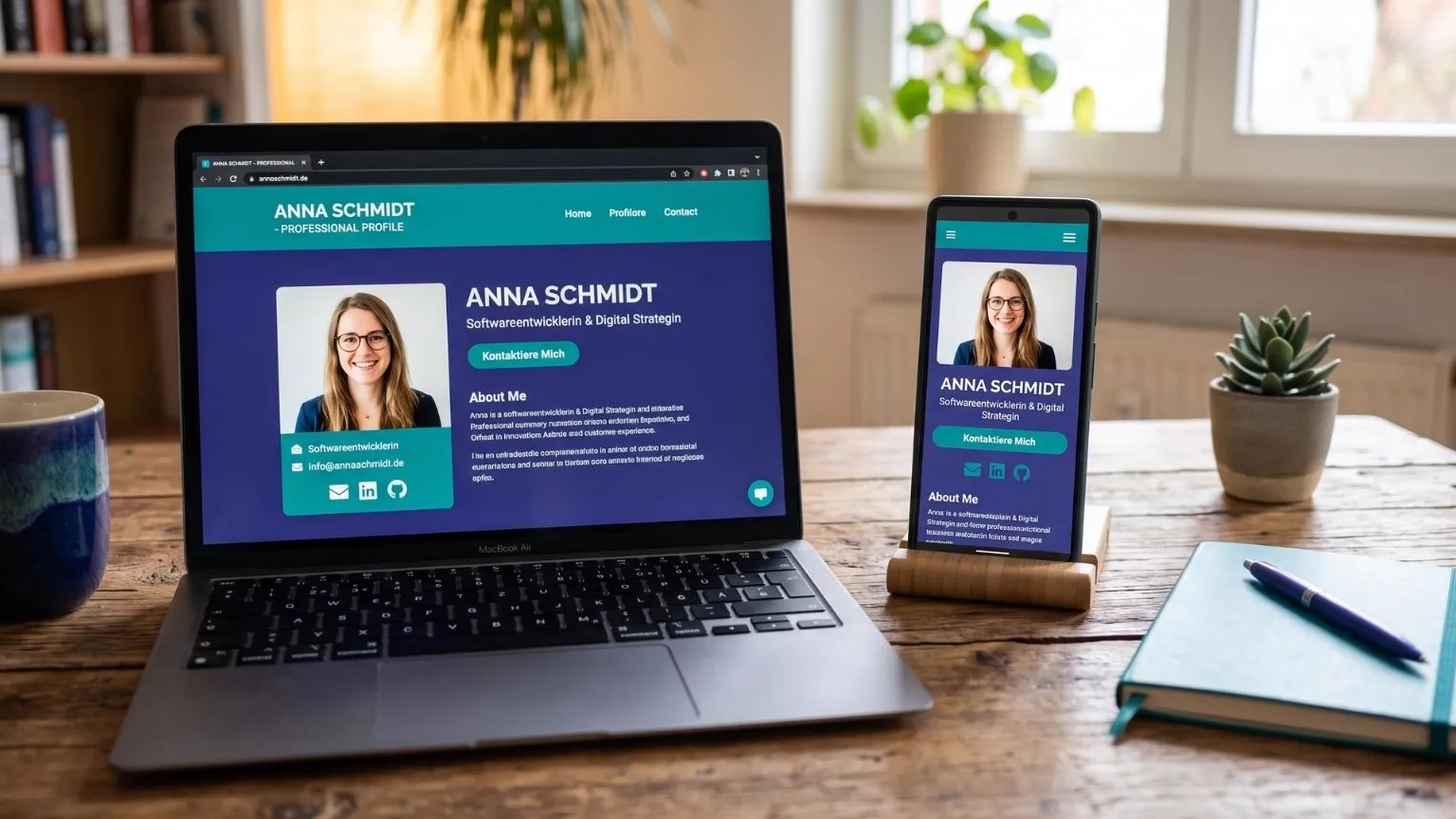 A personal application page shown on a laptop and a smartphone